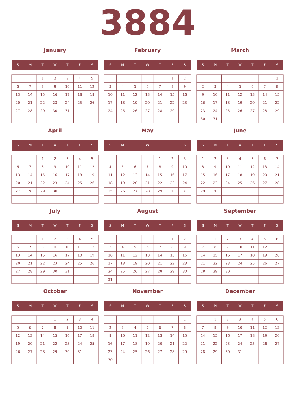 Printable 3884 Year Calendars cordovan