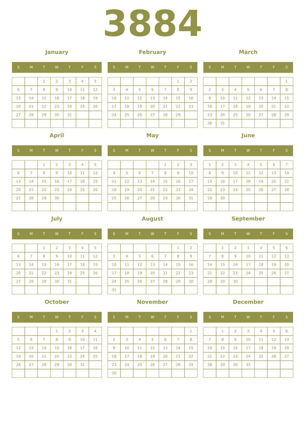 Printable 3884 Year Calendars eburnean