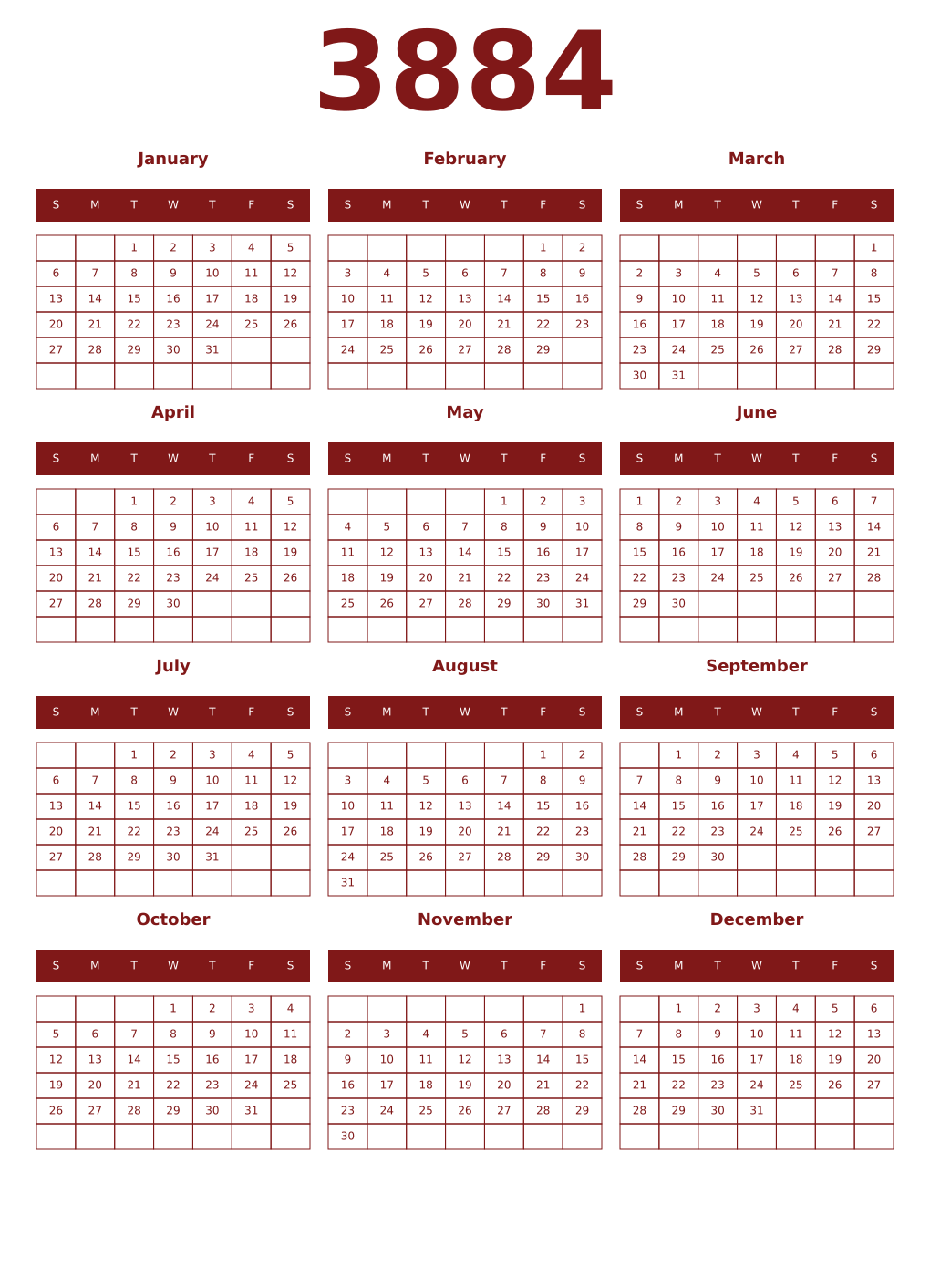 Printable 3884 Year Calendars falu