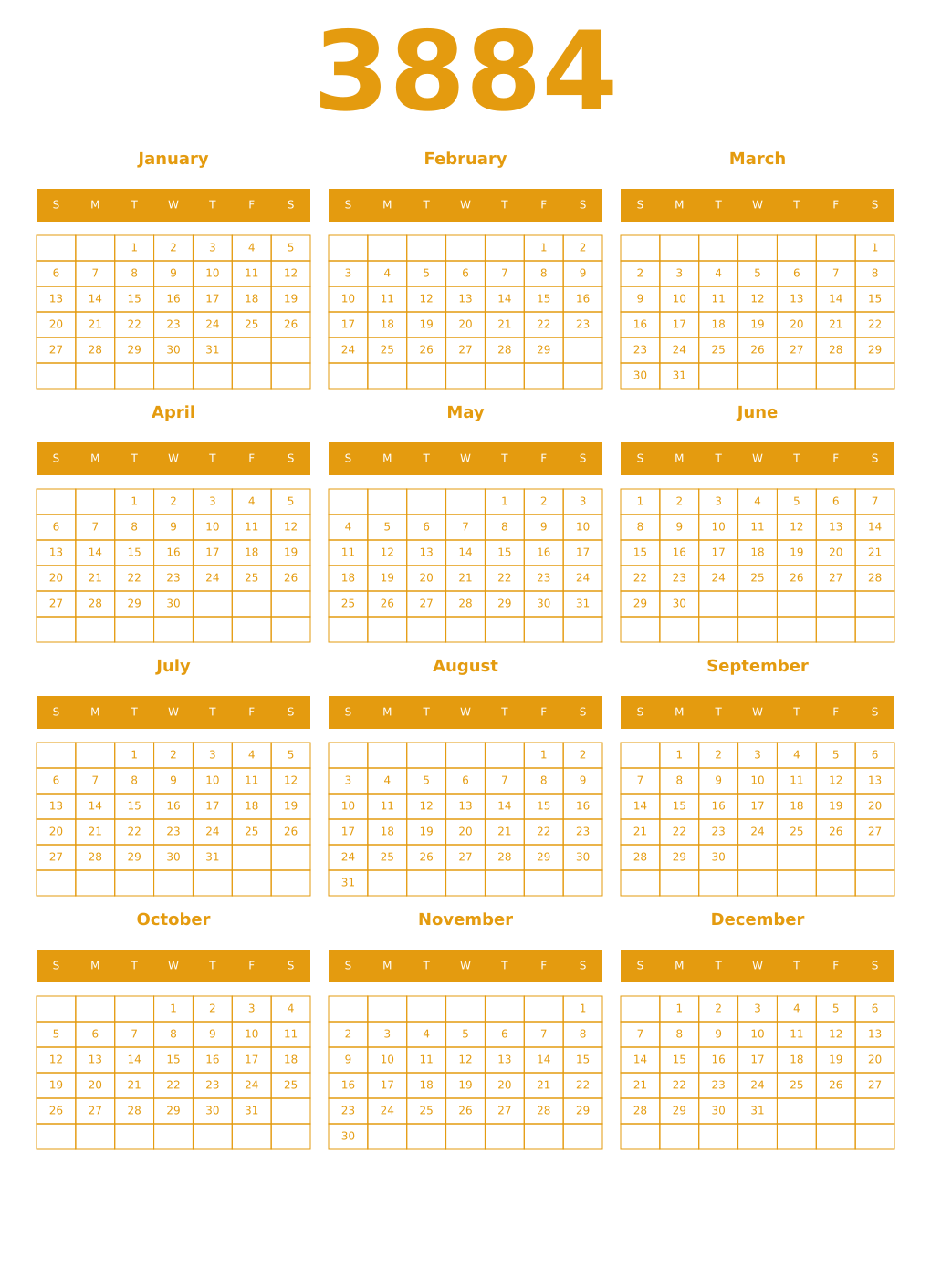 Printable 3884 Year Calendars gamboge