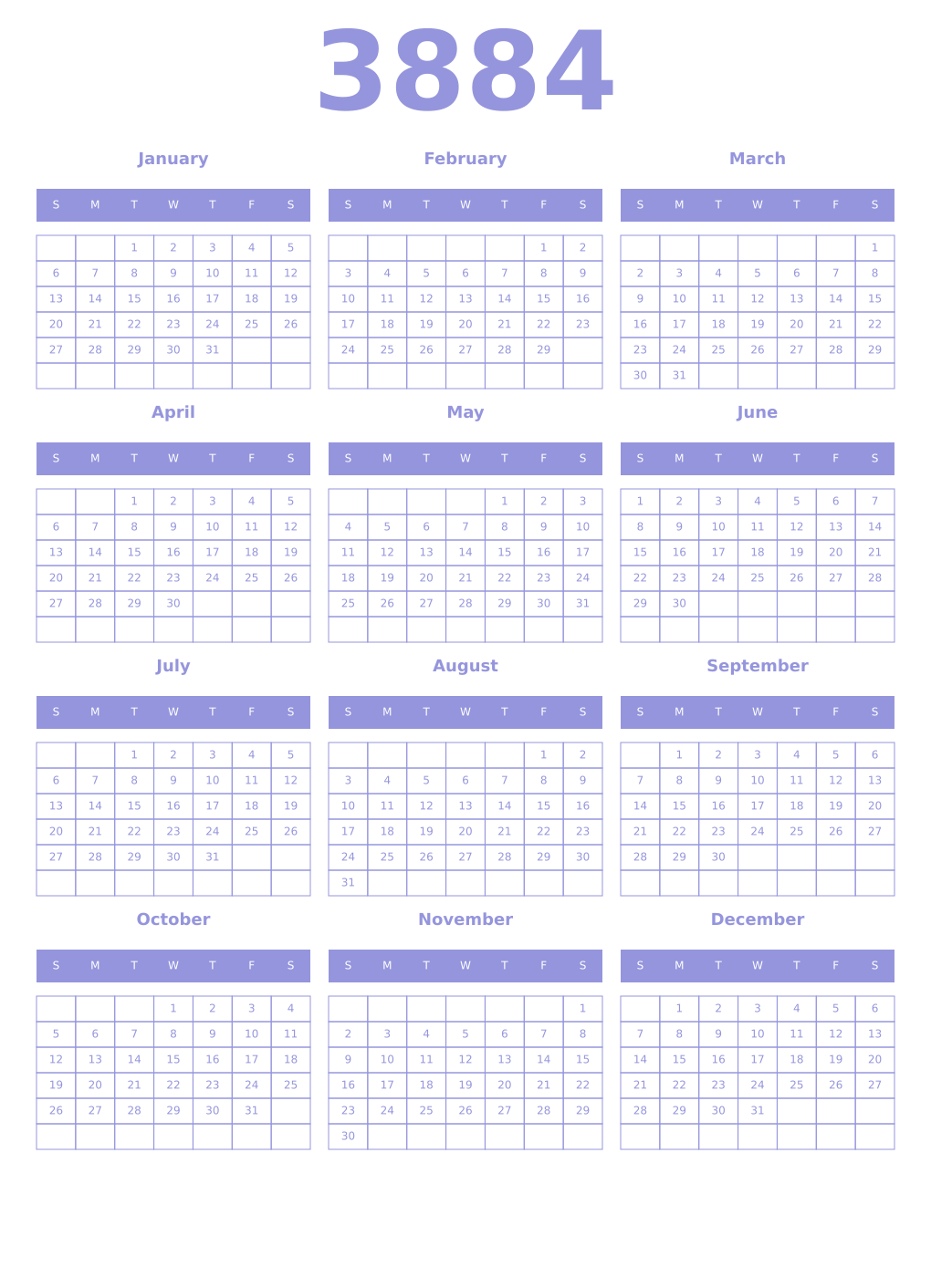 Printable 3884 Year Calendars periwinkle