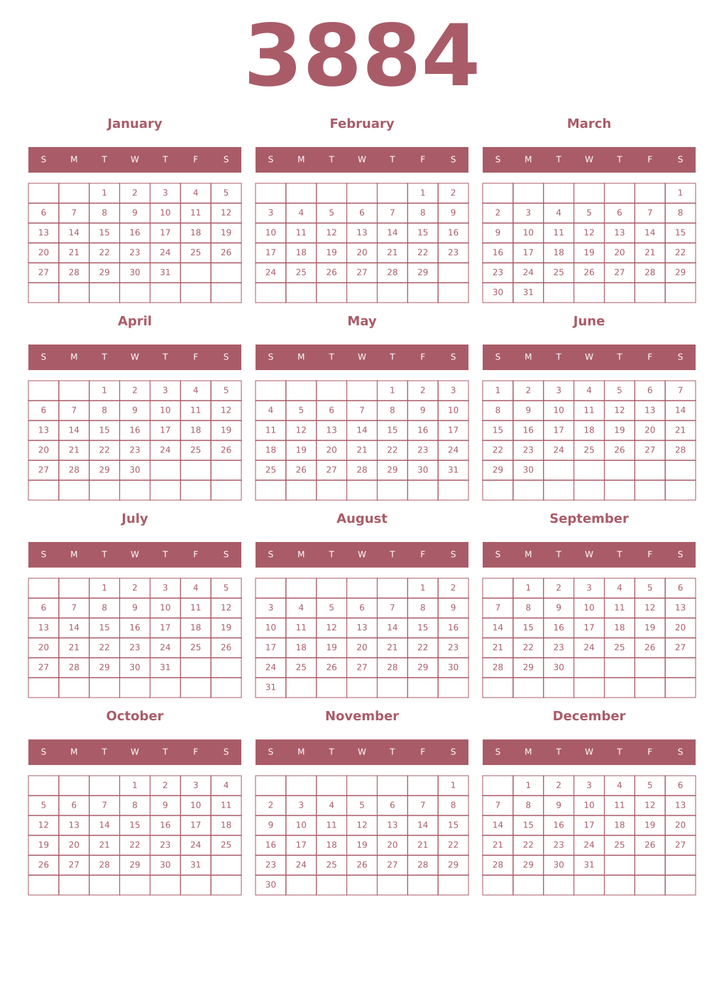 Printable 3884 Year Calendars puce