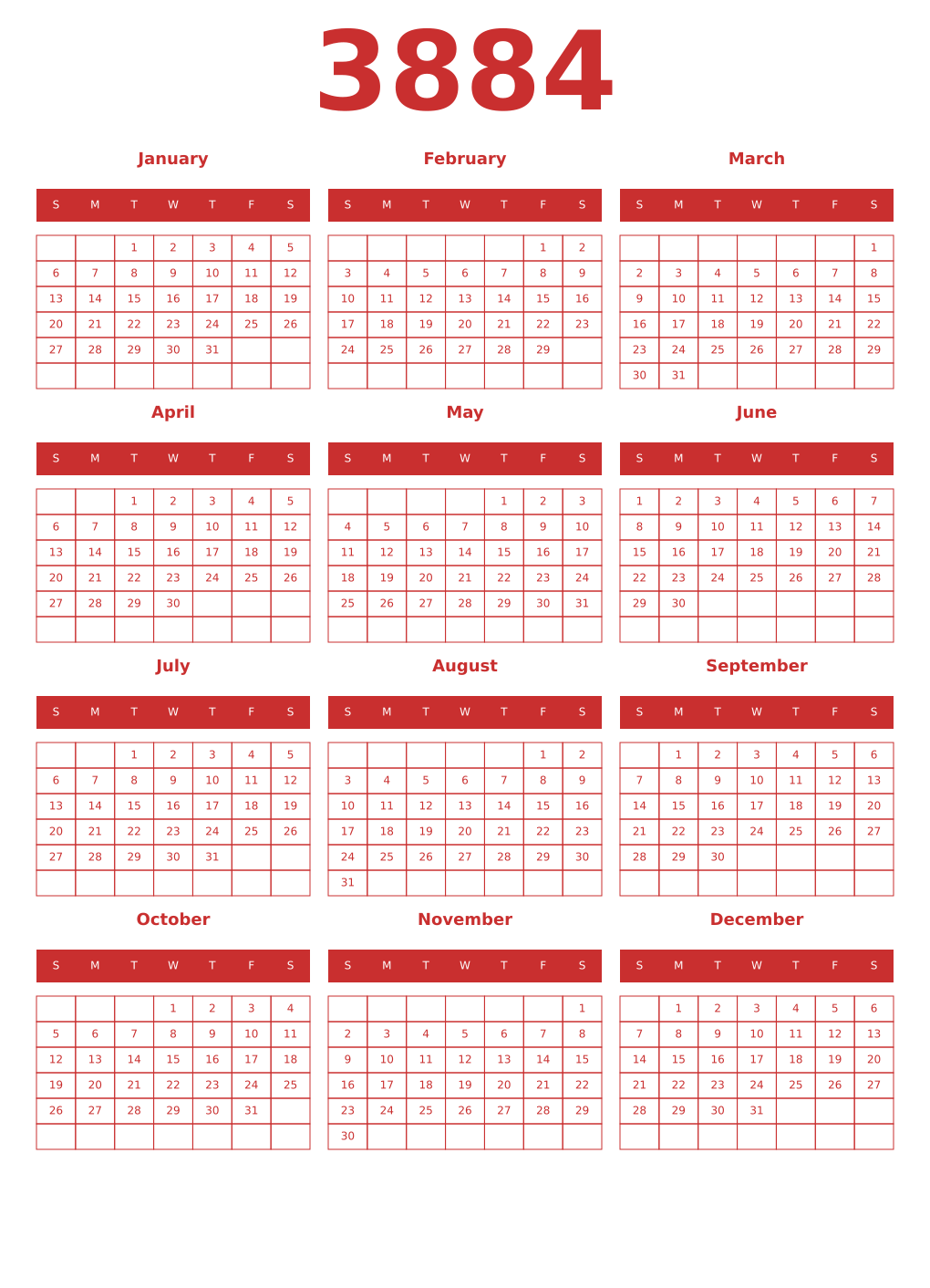 Printable 3884 Year Calendars red