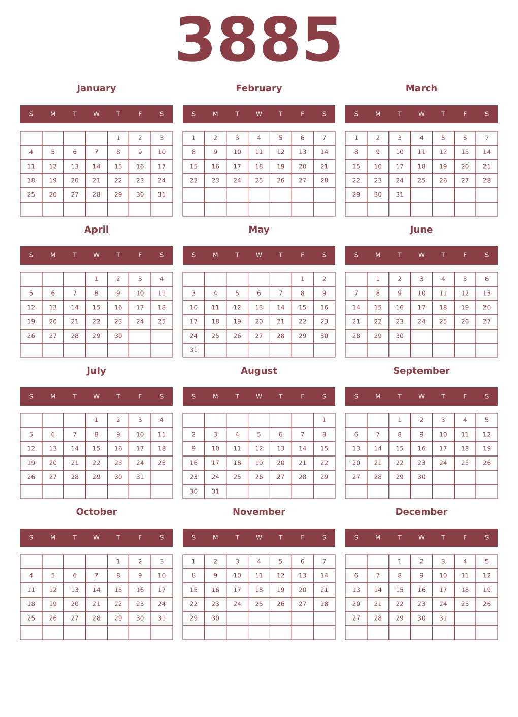 Printable 3885 Year Calendars cordovan