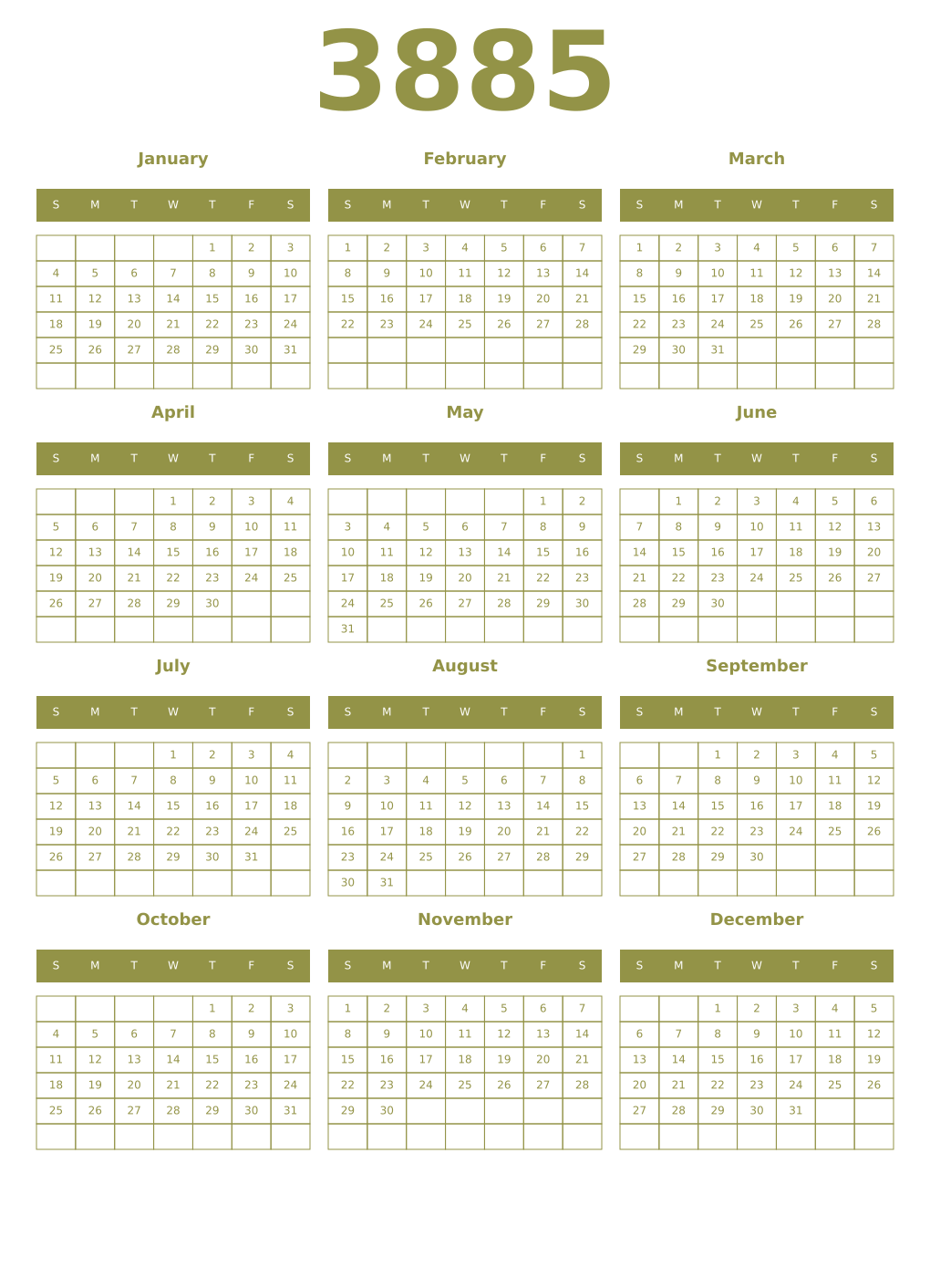 Printable 3885 Year Calendars eburnean