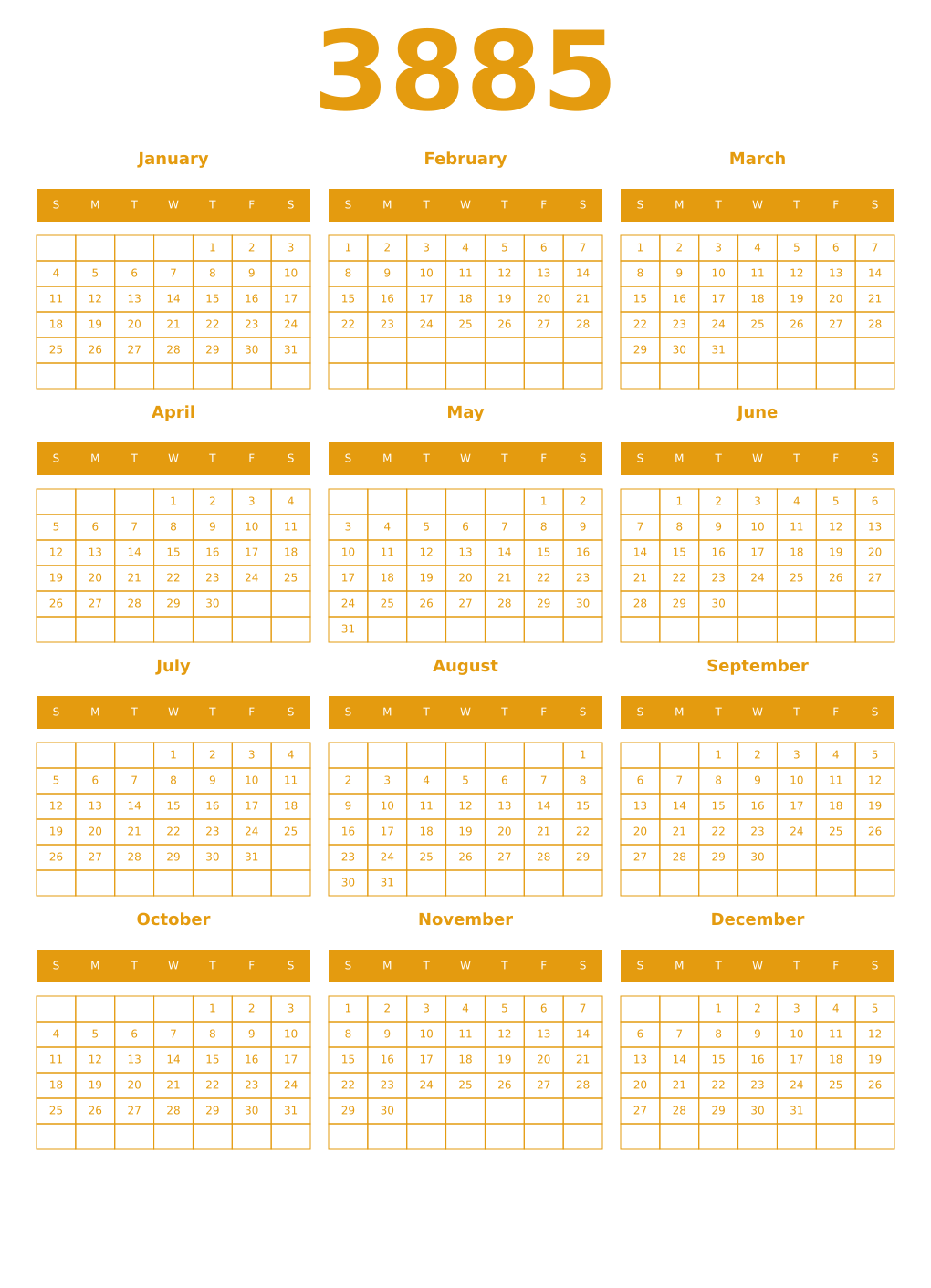 Printable 3885 Year Calendars gamboge