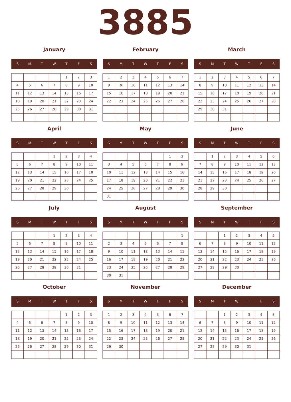 Printable 3885 Year Calendars mortuum