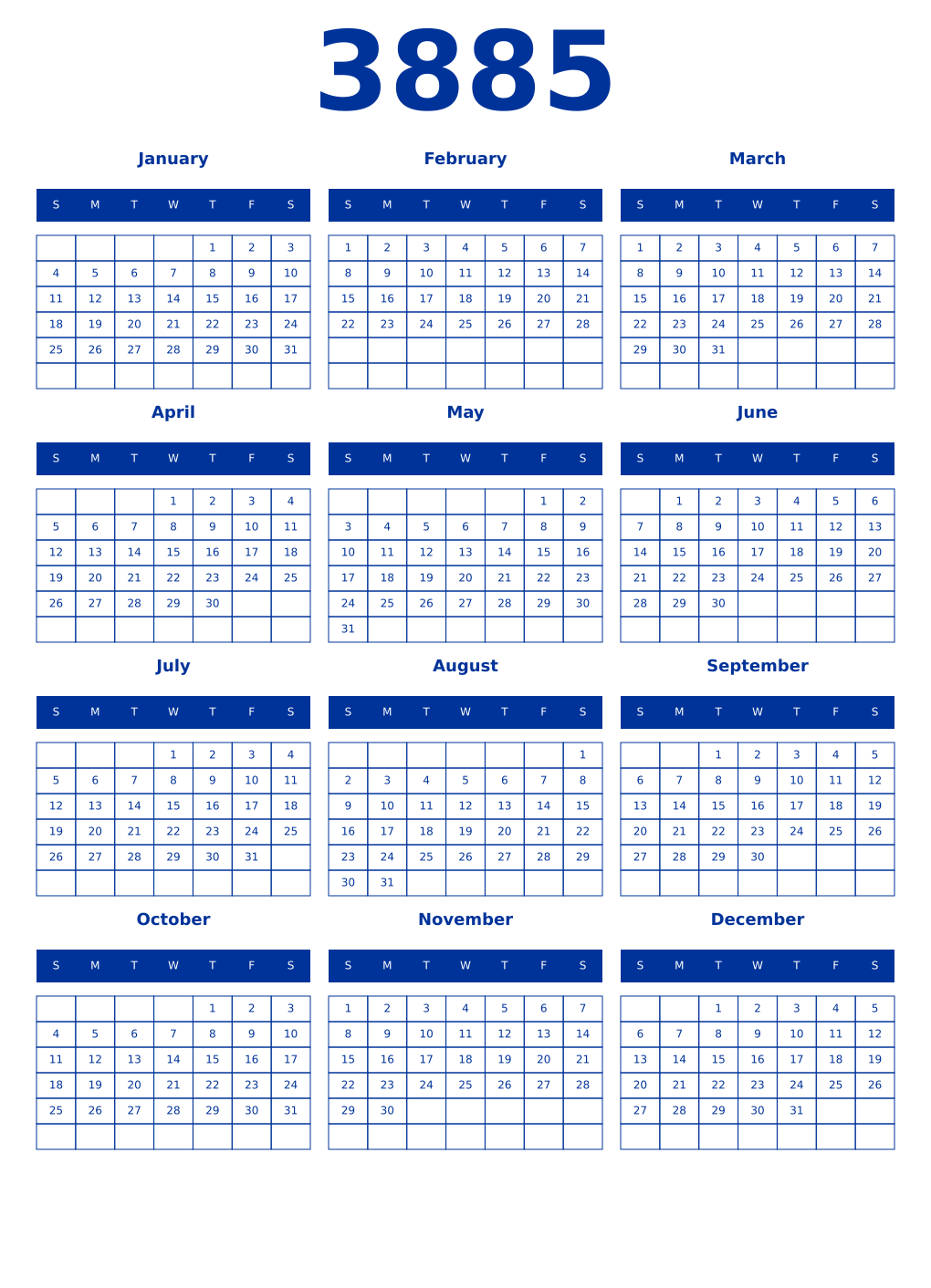 Printable 3885 Year Calendars smalt