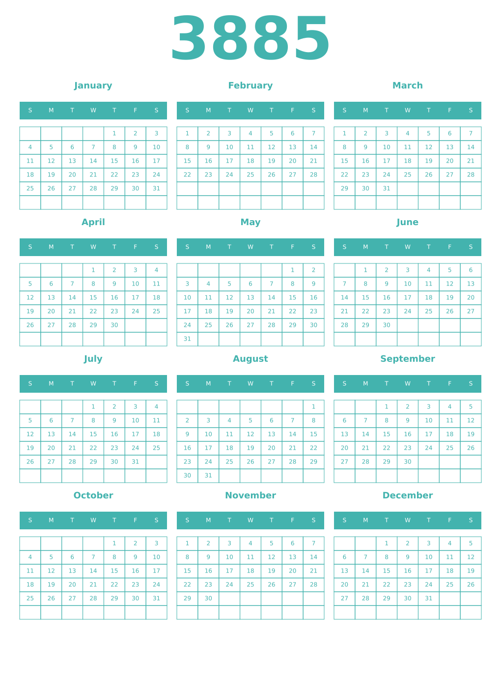 Printable 3885 Year Calendars verdigris