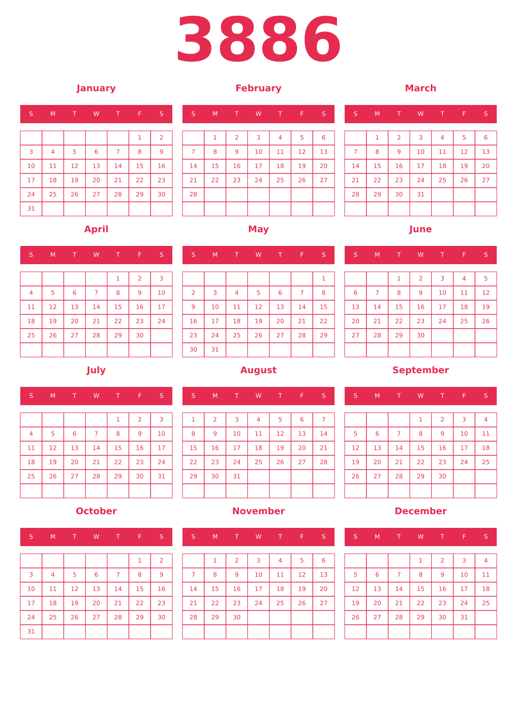 Printable 3886 Year Calendars amaranth