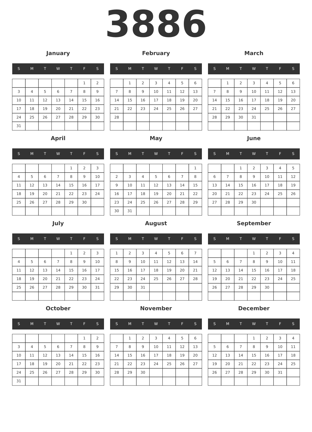 Printable 3886 Year Calendars dark