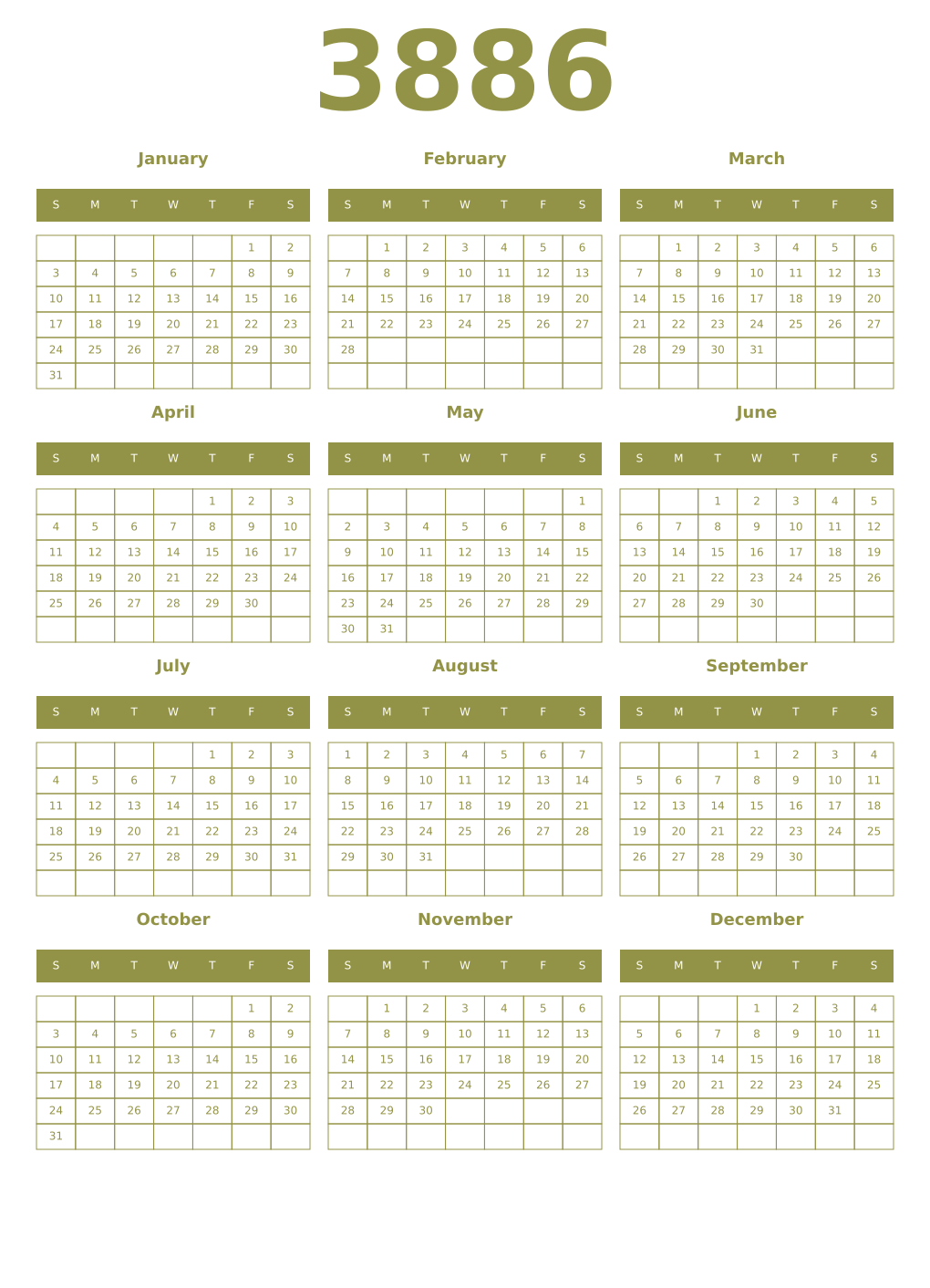 Printable 3886 Year Calendars eburnean