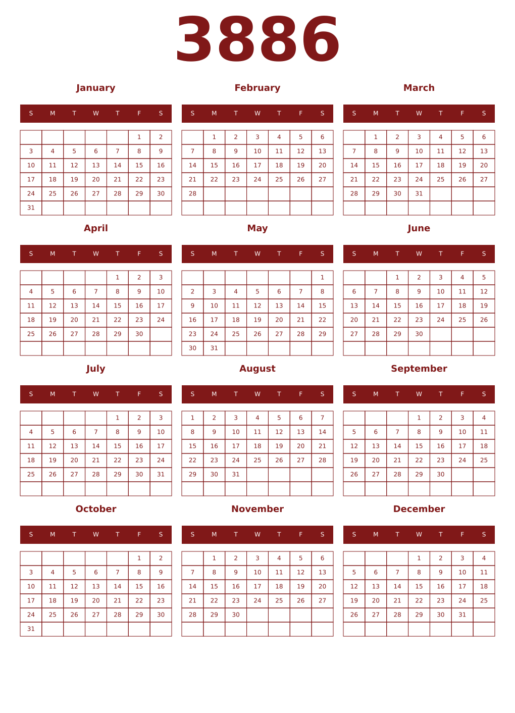 Printable 3886 Year Calendars falu