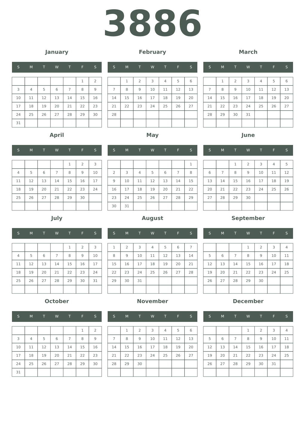 Printable 3886 Year Calendars feldgrau