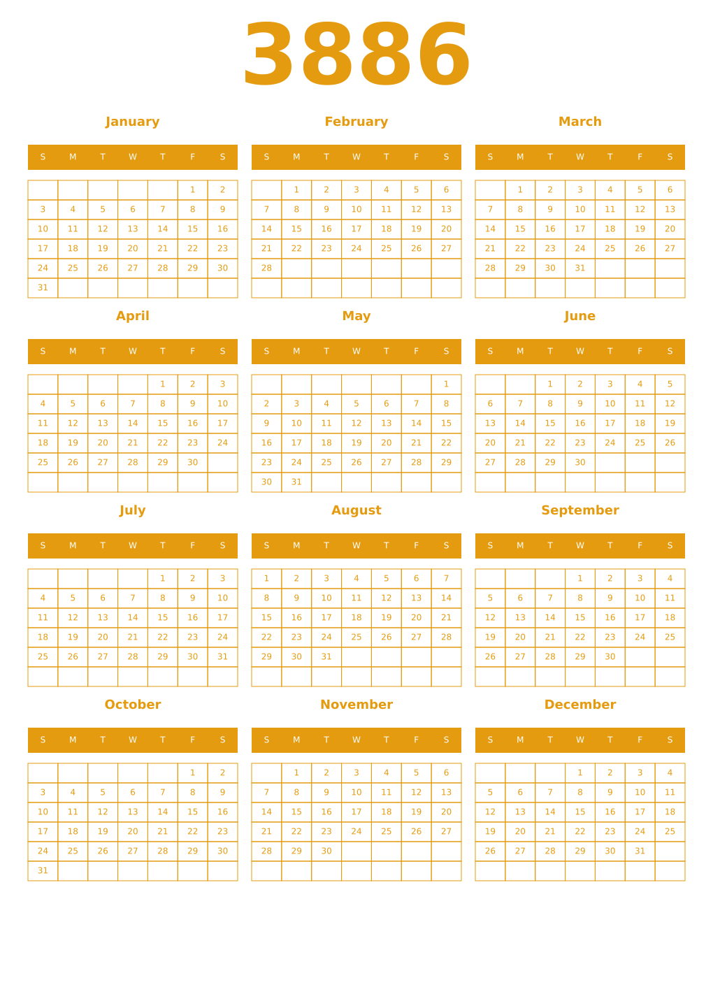 Printable 3886 Year Calendars gamboge