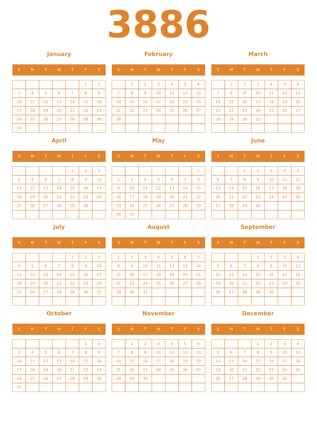 Printable 3886 Year Calendars orange