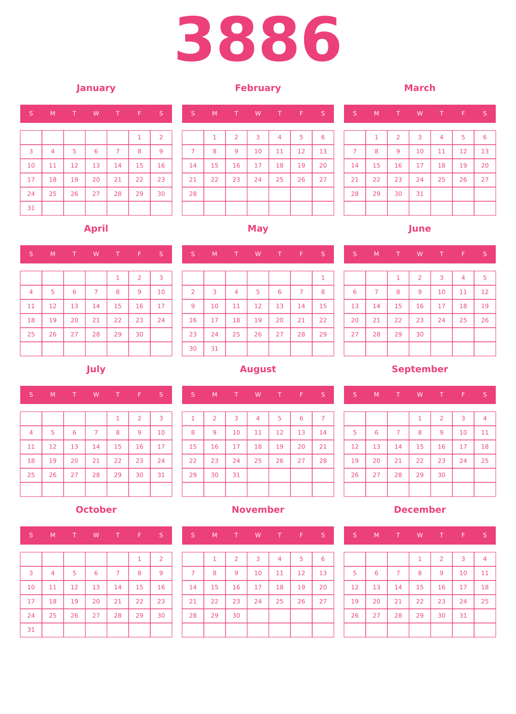 Printable 3886 Year Calendars pink