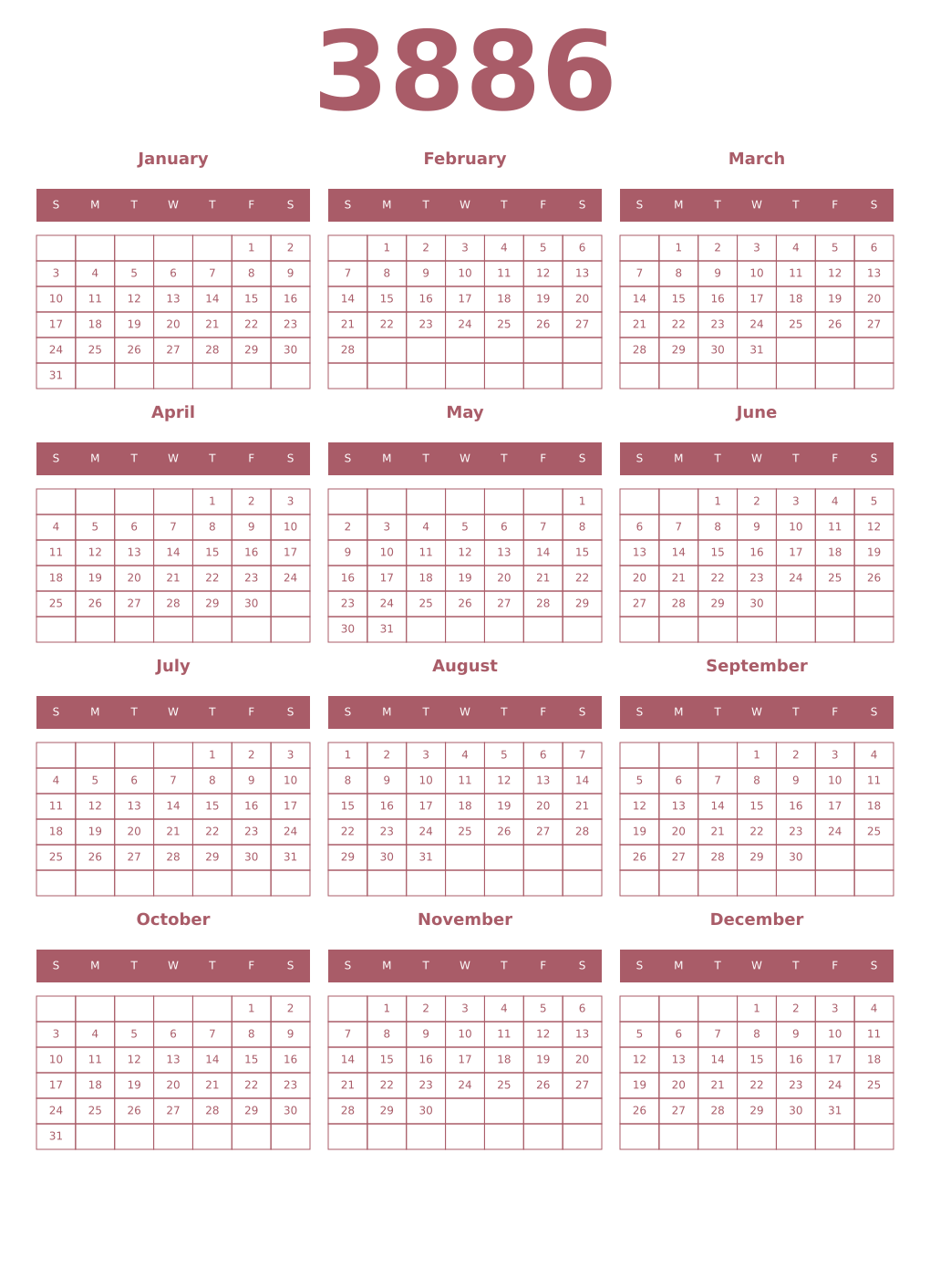 Printable 3886 Year Calendars puce