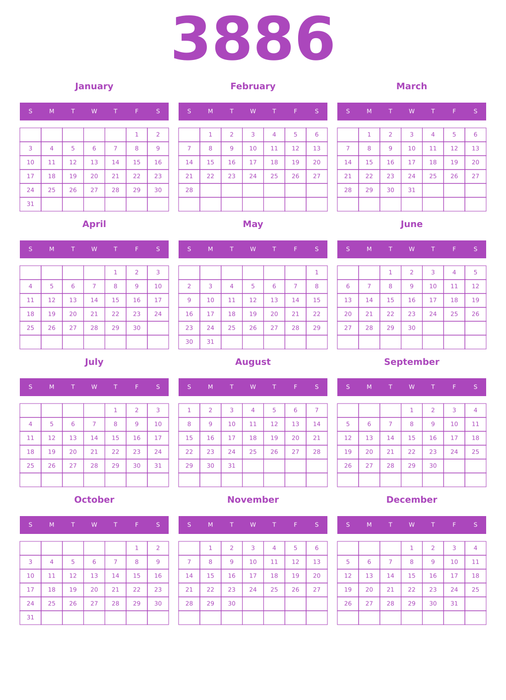 Printable 3886 Year Calendars purple