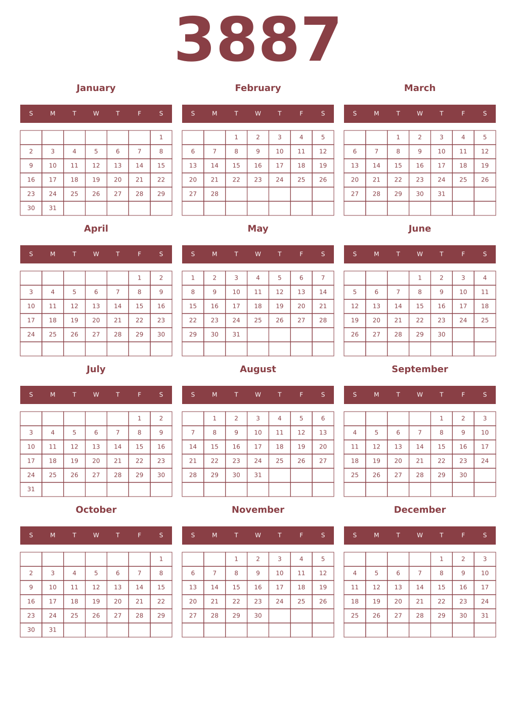 Printable 3887 Year Calendars cordovan