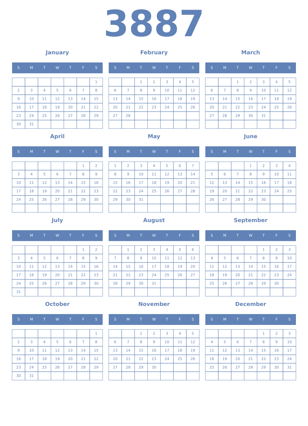Printable 3887 Year Calendars glaucous