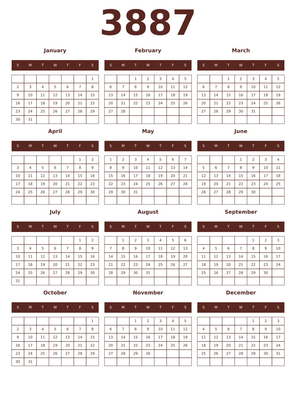 Printable 3887 Year Calendars mortuum