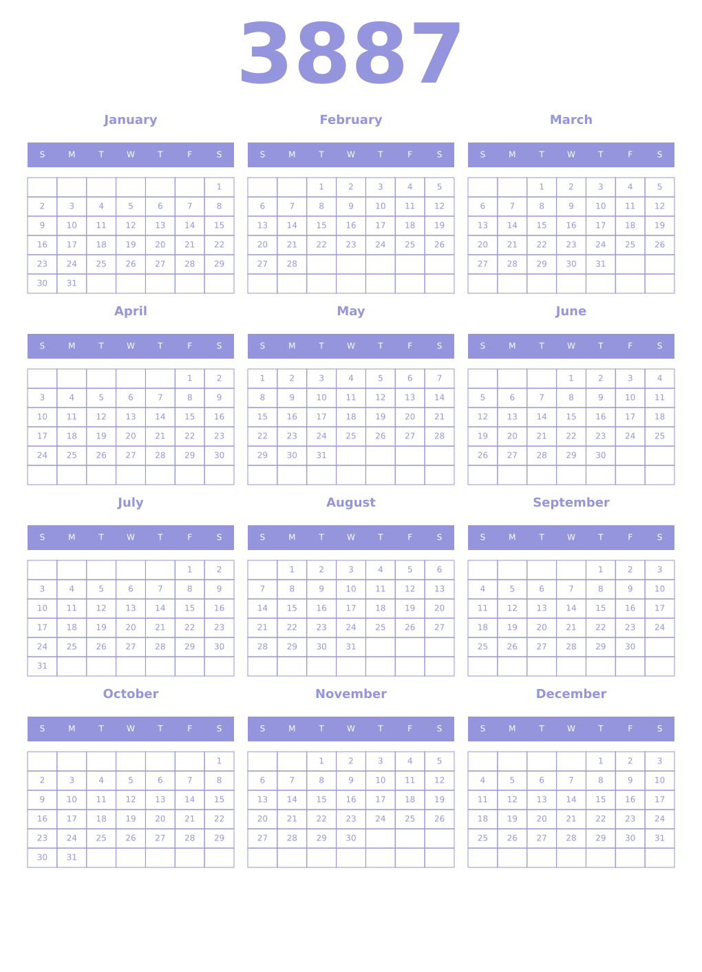 Printable 3887 Year Calendars periwinkle
