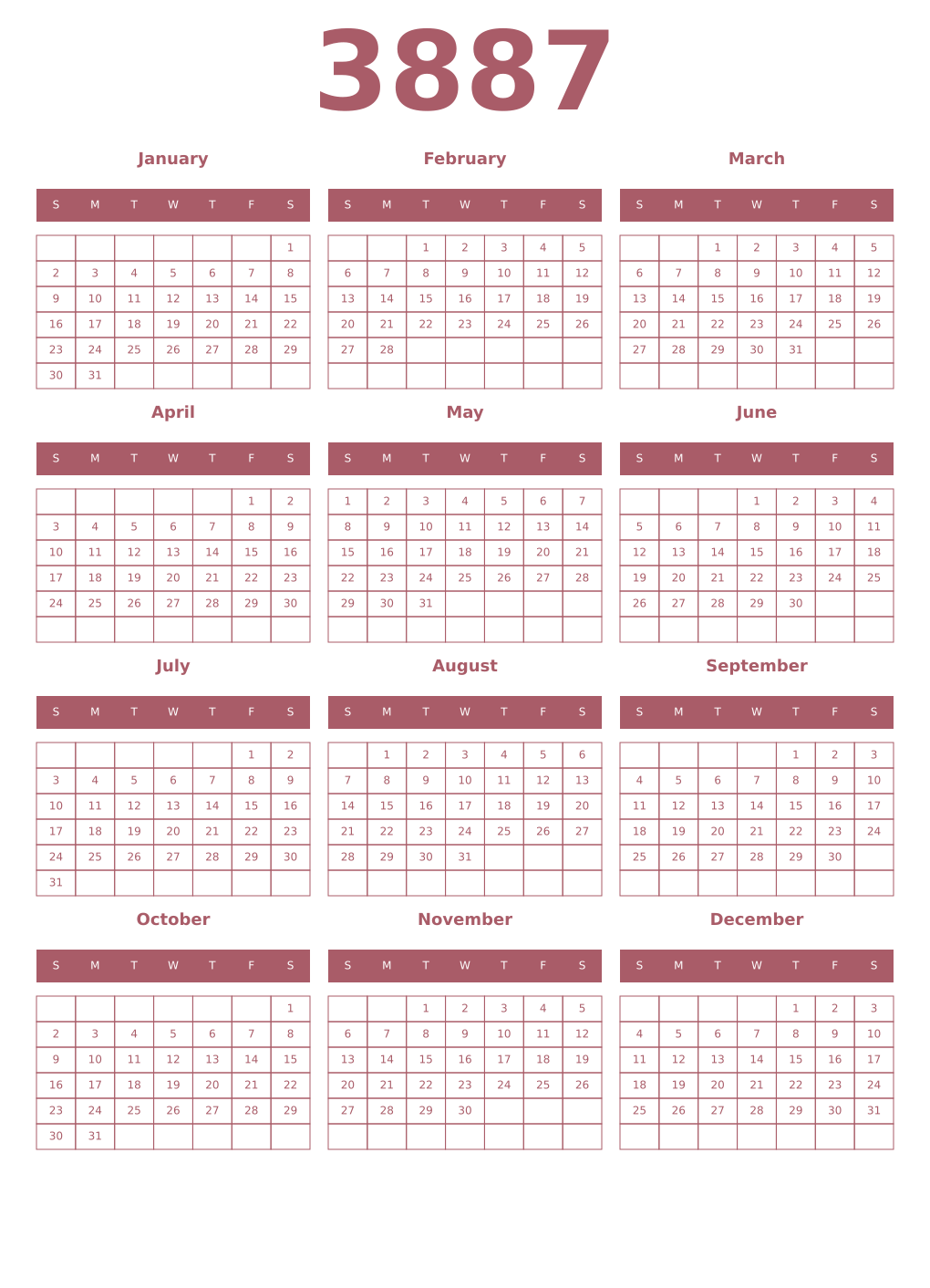 Printable 3887 Year Calendars puce