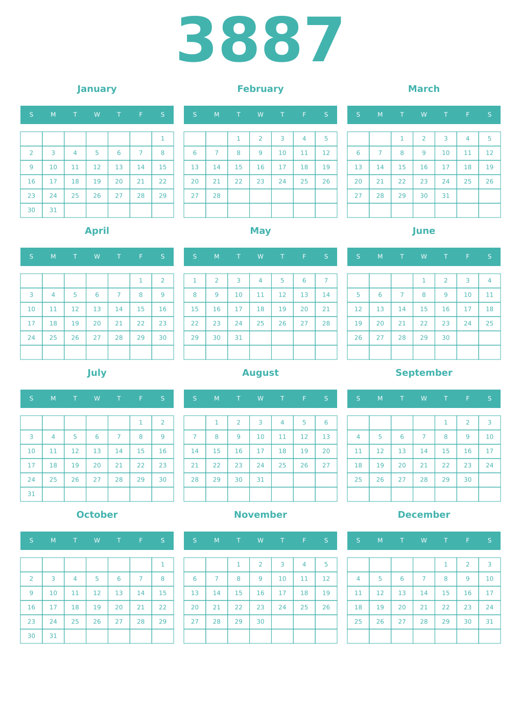 Printable 3887 Year Calendars verdigris