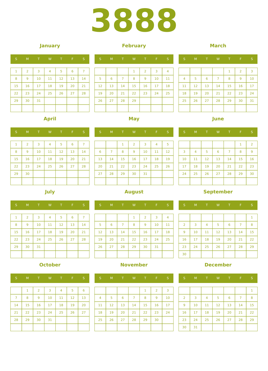 Printable 3888 Year Calendars chartreuse