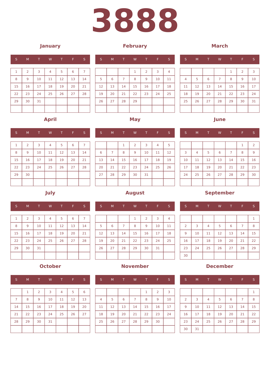 Printable 3888 Year Calendars cordovan
