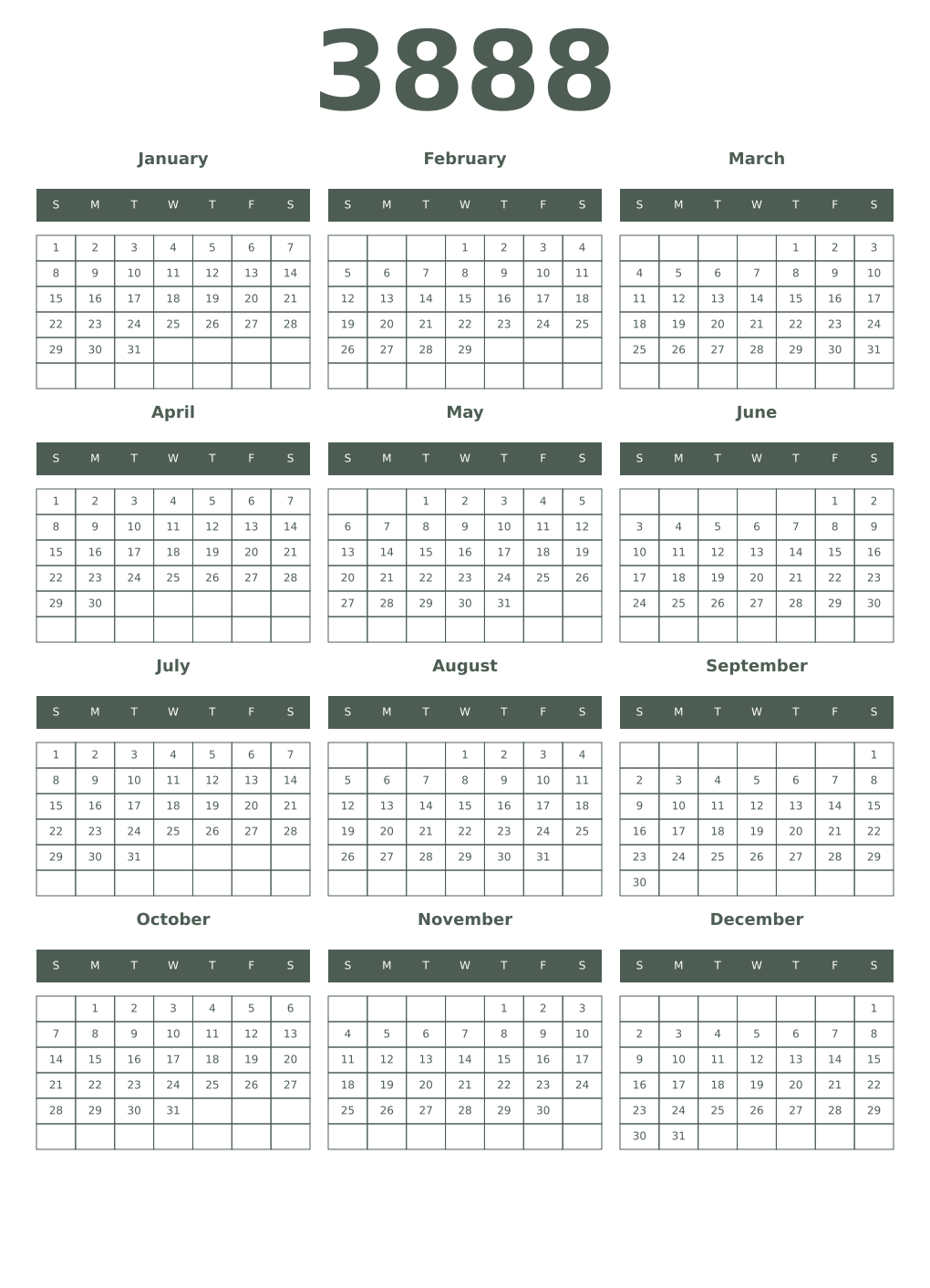 Printable 3888 Year Calendars feldgrau