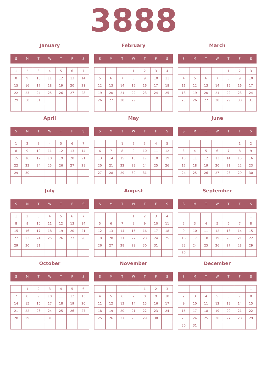 Printable 3888 Year Calendars puce