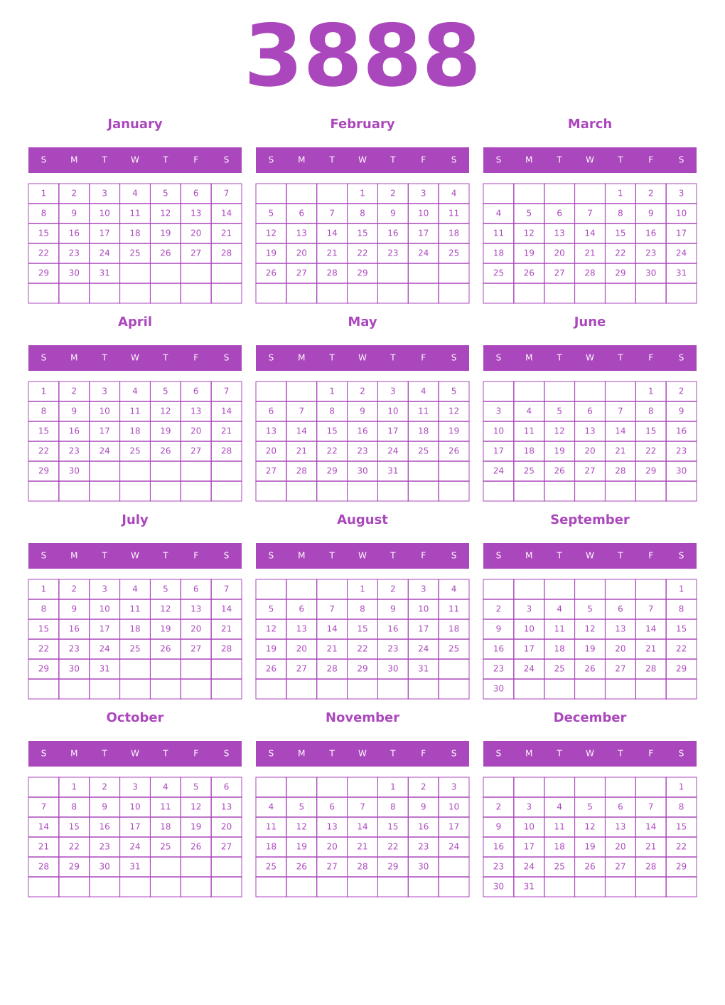 Printable 3888 Year Calendars purple