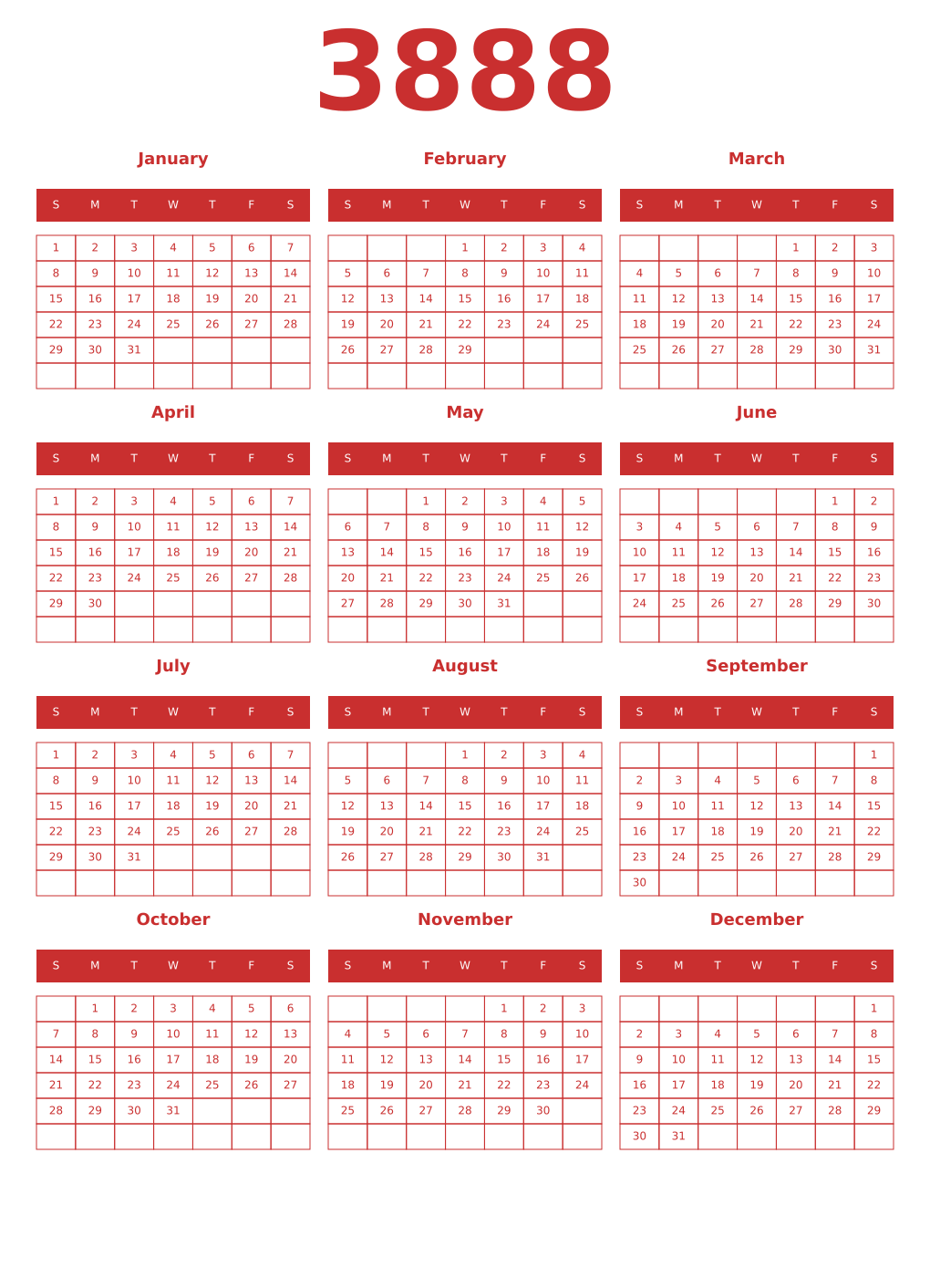 Printable 3888 Year Calendars red