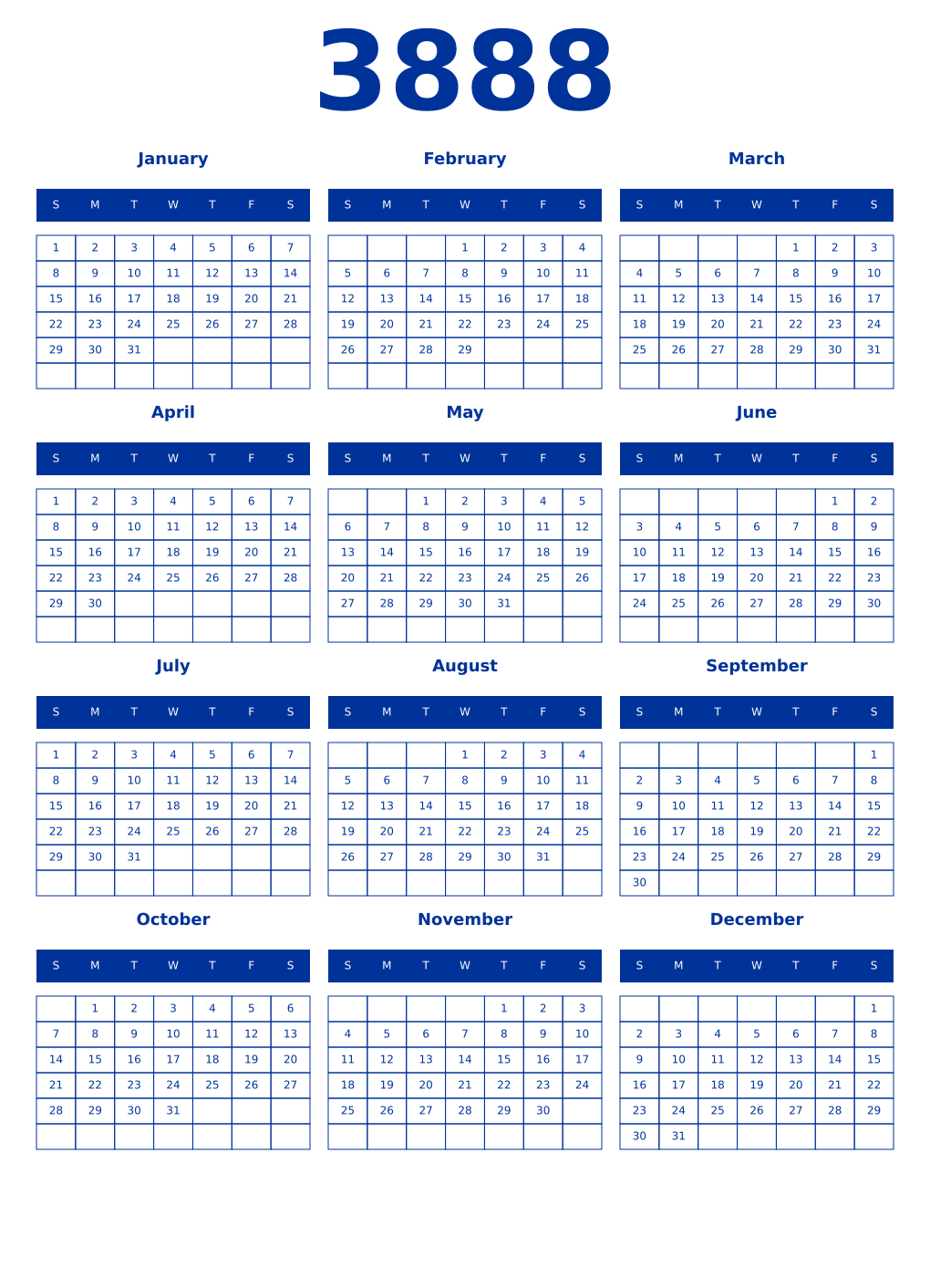 Printable 3888 Year Calendars smalt