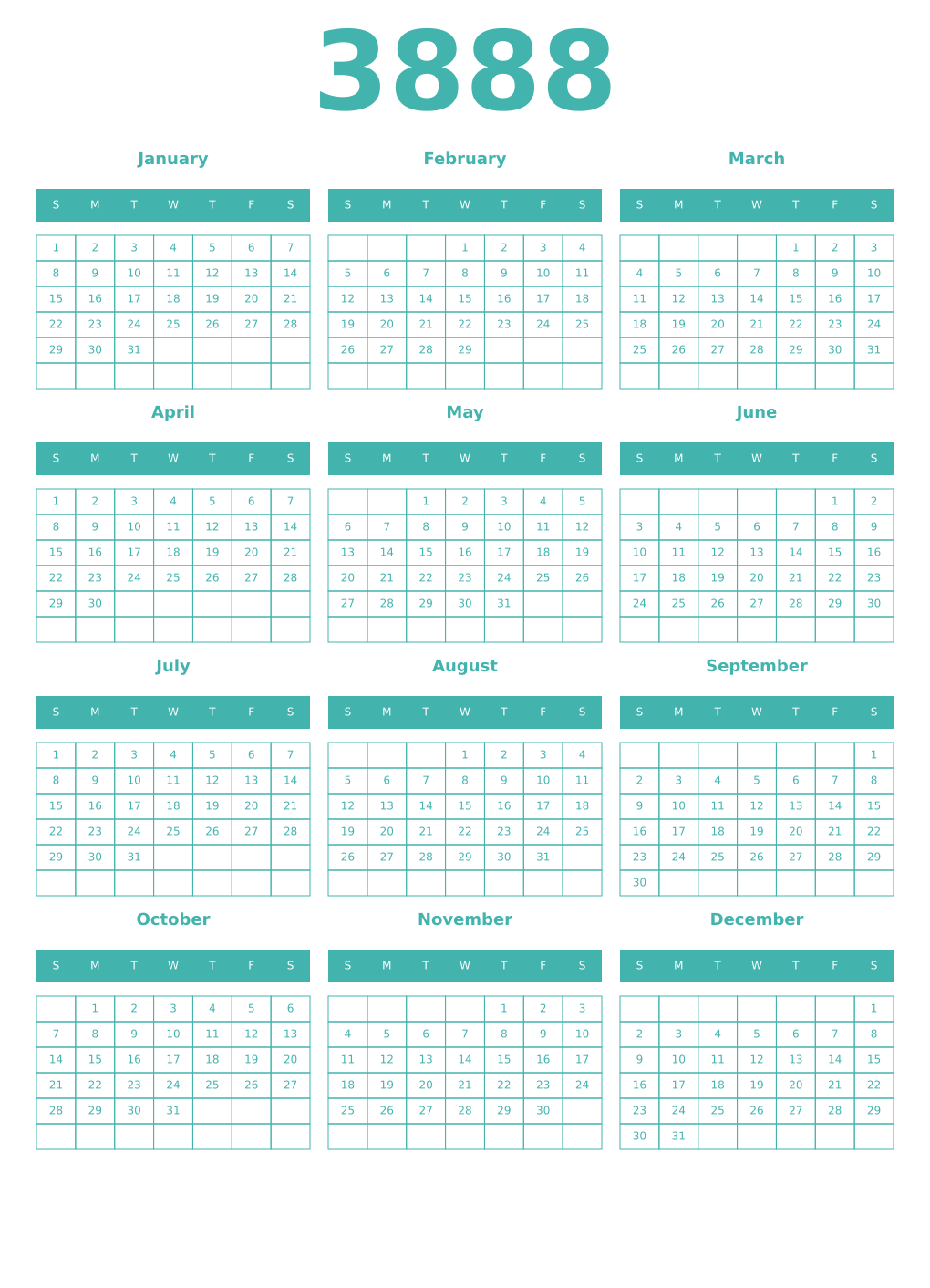 Printable 3888 Year Calendars verdigris