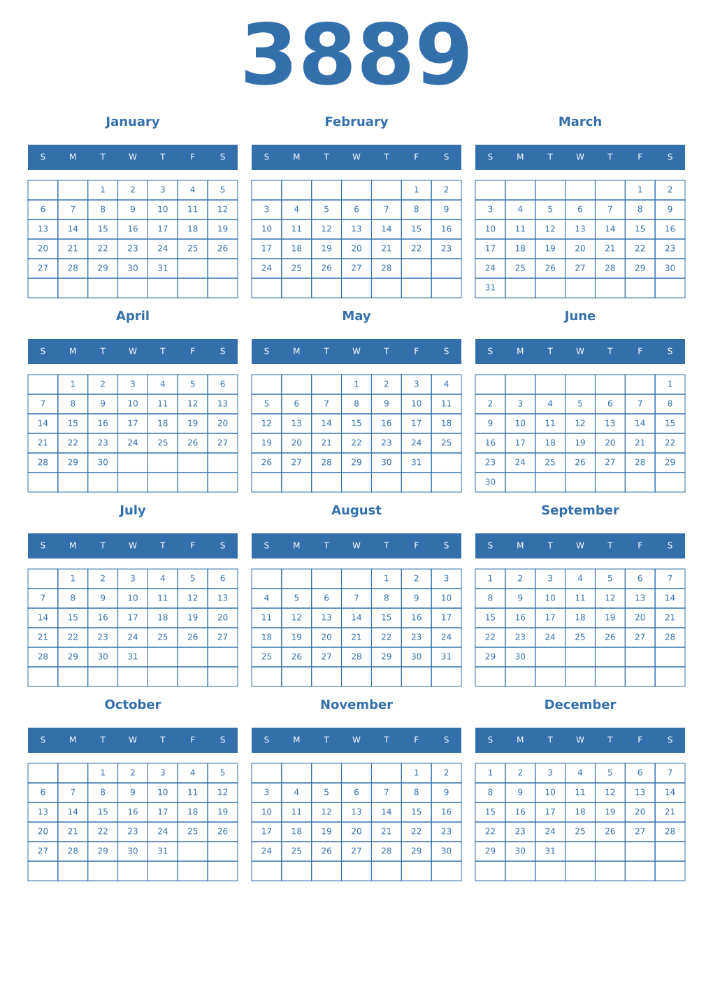 Printable 3889 Year Calendars blue