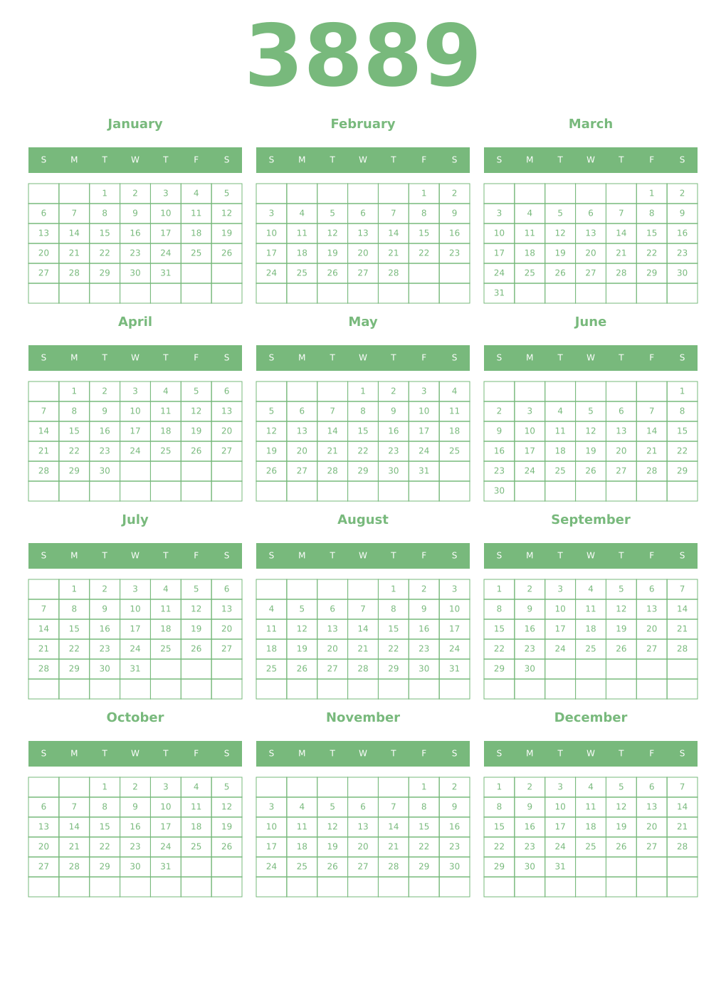Printable 3889 Year Calendars celadon