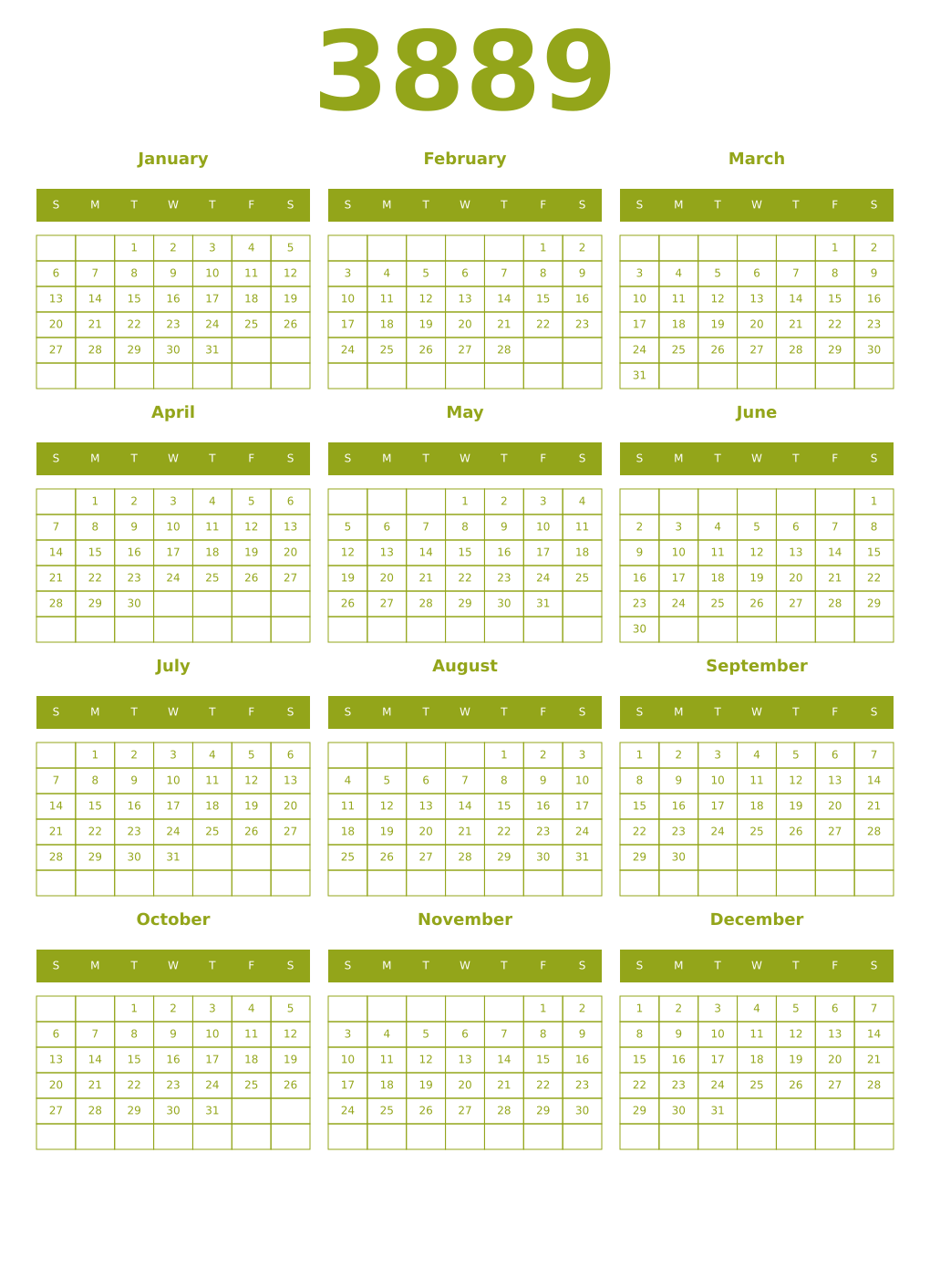 Printable 3889 Year Calendars chartreuse