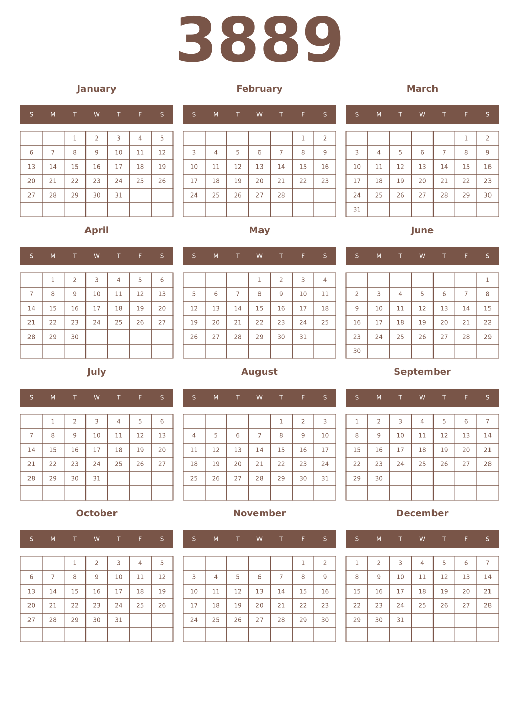 Printable 3889 Year Calendars coffe