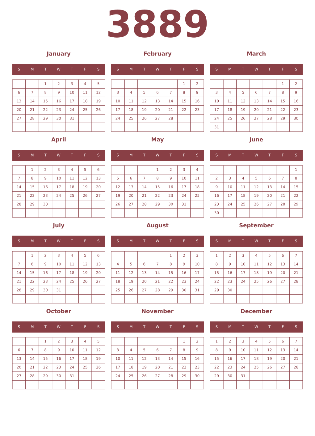 Printable 3889 Year Calendars cordovan