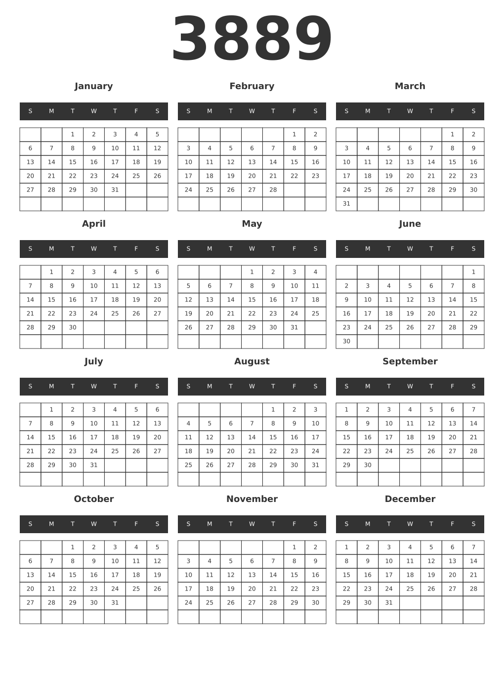 Printable 3889 Year Calendars dark