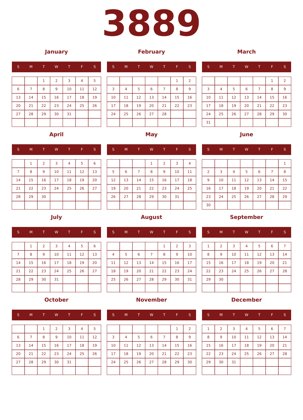 Printable 3889 Year Calendars falu