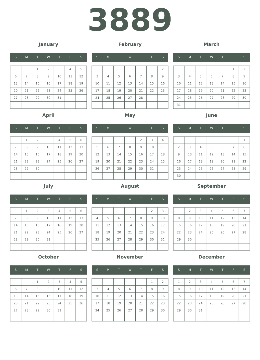 Printable 3889 Year Calendars feldgrau