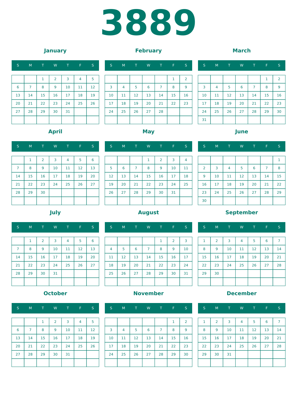 Printable 3889 Year Calendars pastel