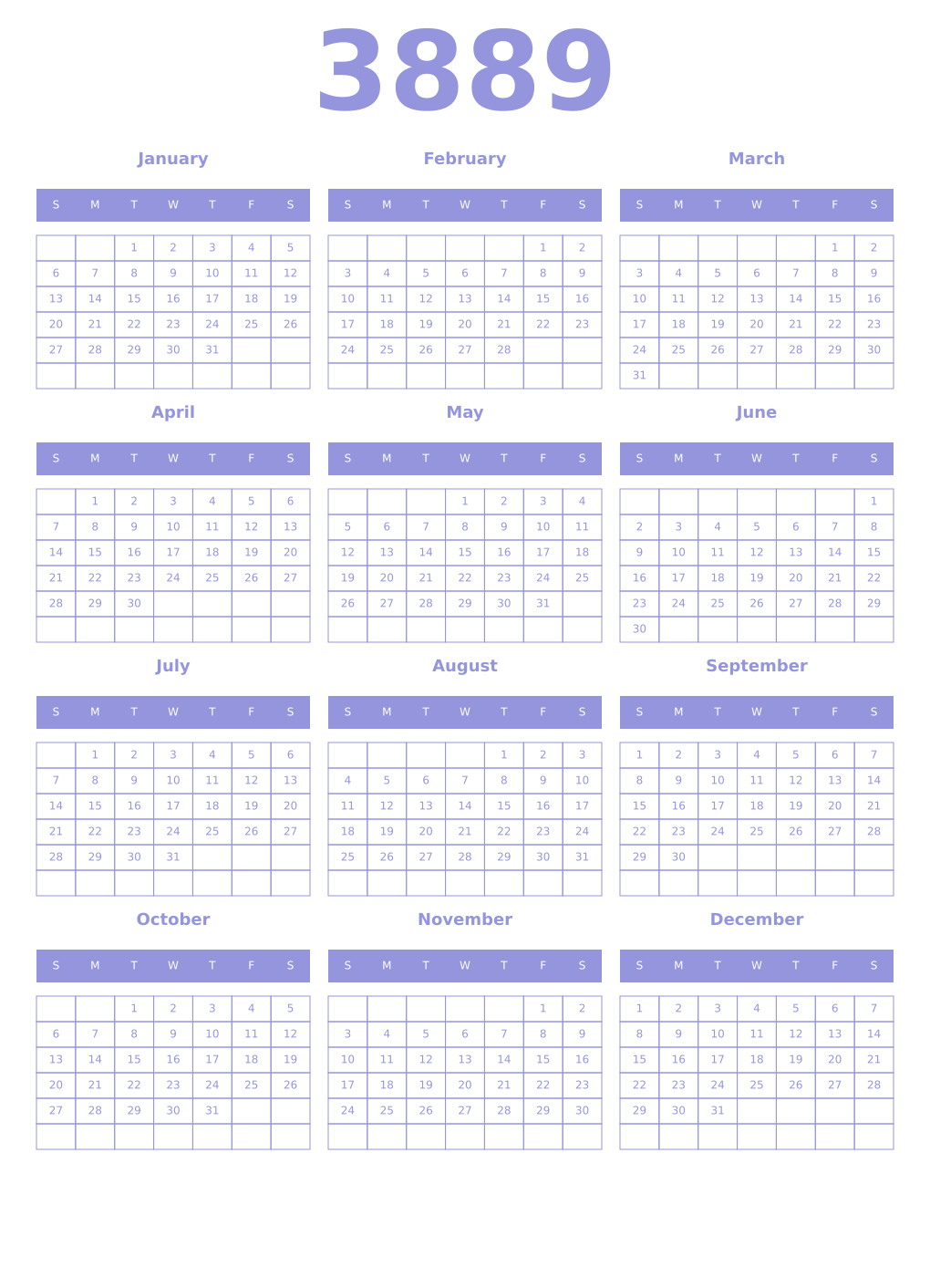 Printable 3889 Year Calendars periwinkle