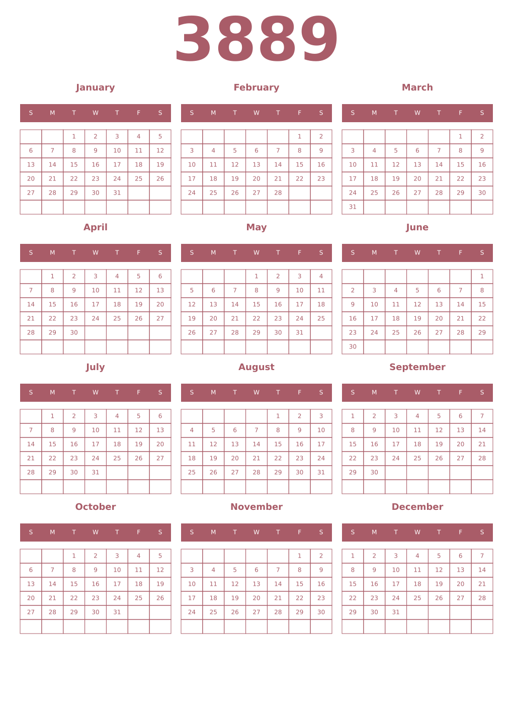 Printable 3889 Year Calendars puce