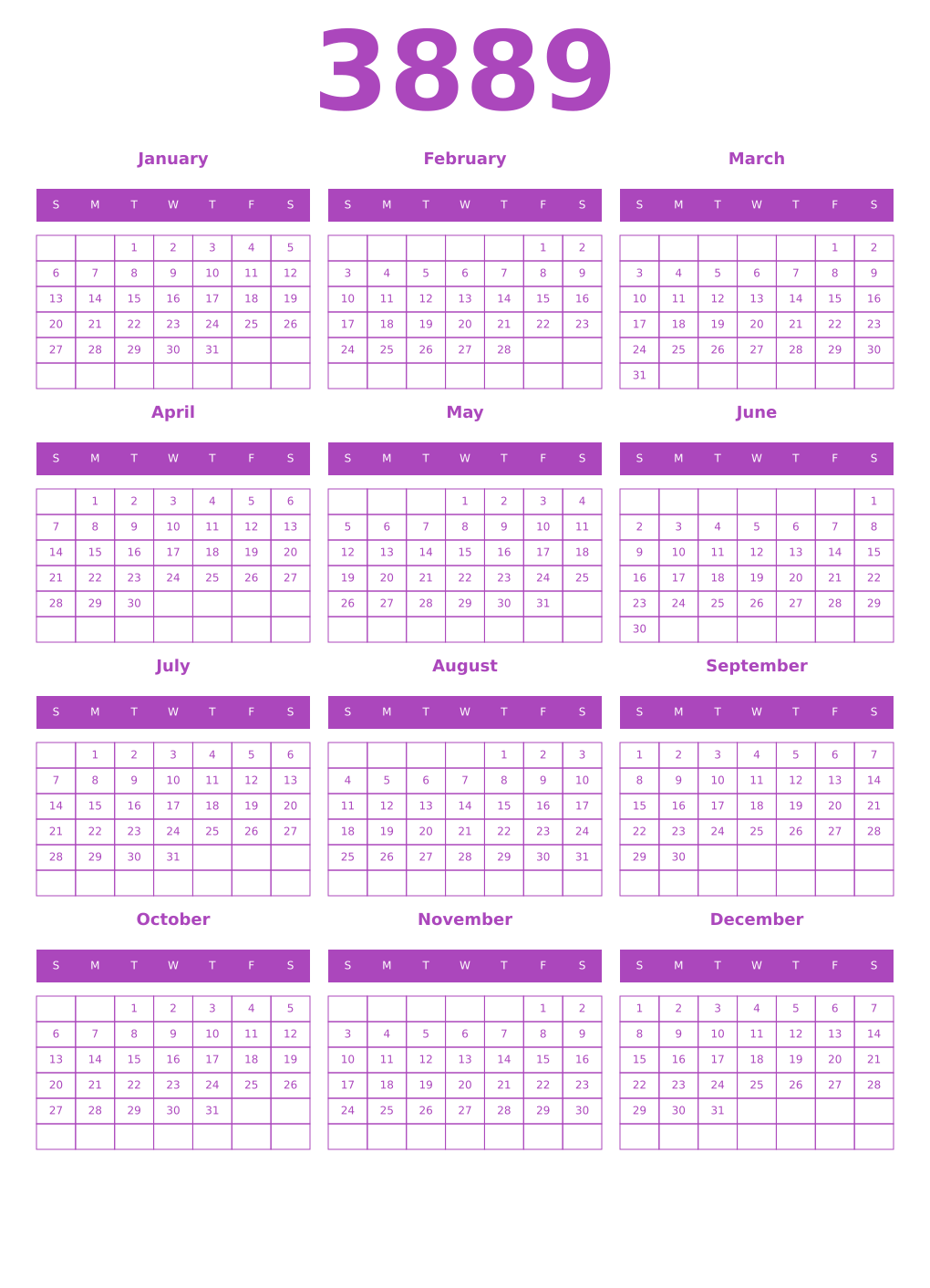 Printable 3889 Year Calendars purple