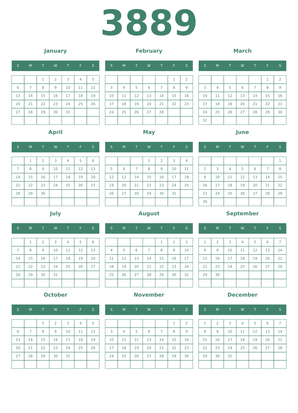 Printable 3889 Year Calendars viridian